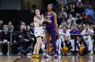 Angel Reese (right) guards Iowa's Caitlin Clark in LSU-Iowa's Elite Eight encounter this year.